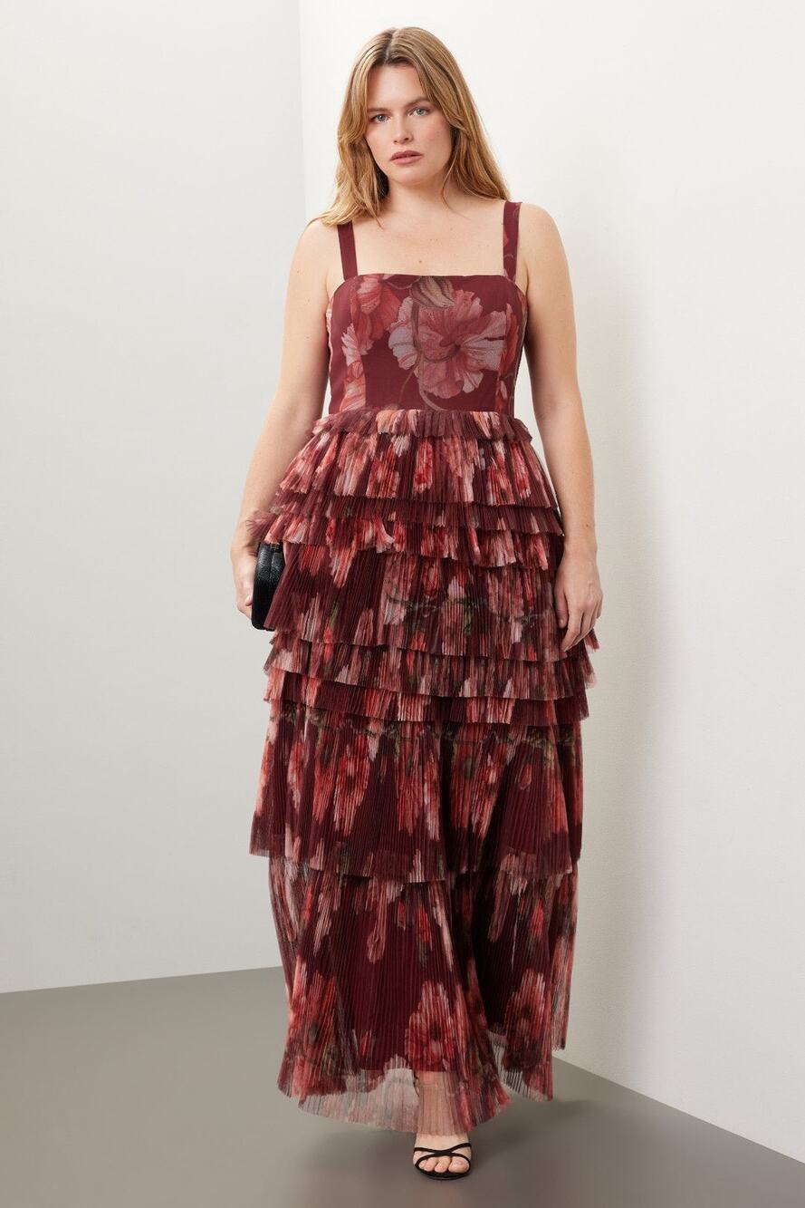 Hutch Nalina Wine Red Floral Tiered Sleeveless Formal Maxi Dress 14